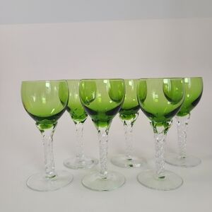 Set of 6 Vintage Empoli Green Liqueur Glasses with Twisted Stems